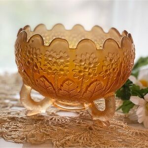 Antique (1920s) Fenton Marigold Carnival Glass “Fenton’s Flowers” 3-footed Bowl